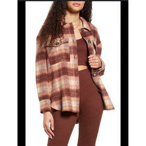 BP. Womens Plaid Button-Up Shacket S Brown/Beige Polyester/Cotton Blend